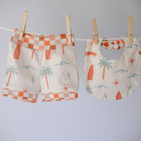 Eco-Friendly Organic Knit Baby Shorts and Bib Gift Set | Surfer Boy Design | Soft & Comfy Diaper Cover Bummies, or Shorts and Matching Bib