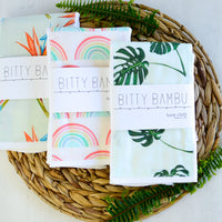 Baby gift set - set of three burp cloths with bird of paradise, rainbows and monstera print