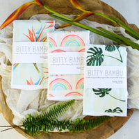 Baby gift set - set of three burp cloths with bird of paradise, rainbows and monstera print