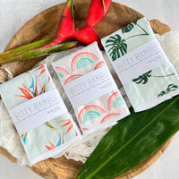 Baby gift set - set of three burp cloths with bird of paradise, rainbows and monstera print