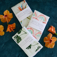 Baby Burp Cloth Set of 3 - Monstera, Rainbow and Bird of Paradise Prints - Tropical Baby Gift Set - Boutique Baby Gift - Layette Gift - Hawaii Baby - bitty bambu