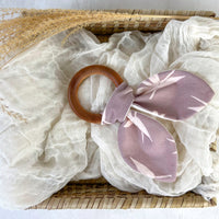 Baby Teether - Bird of Paradise in Mauve - Rabbit Ears Organic Wooden Ring Teether for Baby Shower Gift - Layette Gift - Made in Maui Hawaii