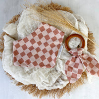 Baby Bib - Bandana Style Drool Bib - Checkered in Neutral / Brown - Gender Neutral Baby Gift Made - Baby Shower Gift - Made in Maui, Hawaii