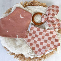 Baby Teether - Checkered Print - Rabbit Ears Organic Wooden Ring Teether for Baby Shower Gift - Layette Gift - Made in Maui Hawaii