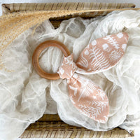 Baby Teether - Ferns in Neutral - Gender Neutral Baby Gift - Rabbit Ears Organic Wooden Ring Teether for Baby Shower Gift