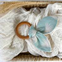 Baby Teether - Fan Palms in Blue - Gender Neutral Baby Gift - Rabbit Ears Organic Wooden Ring Teether for Baby Shower Gift