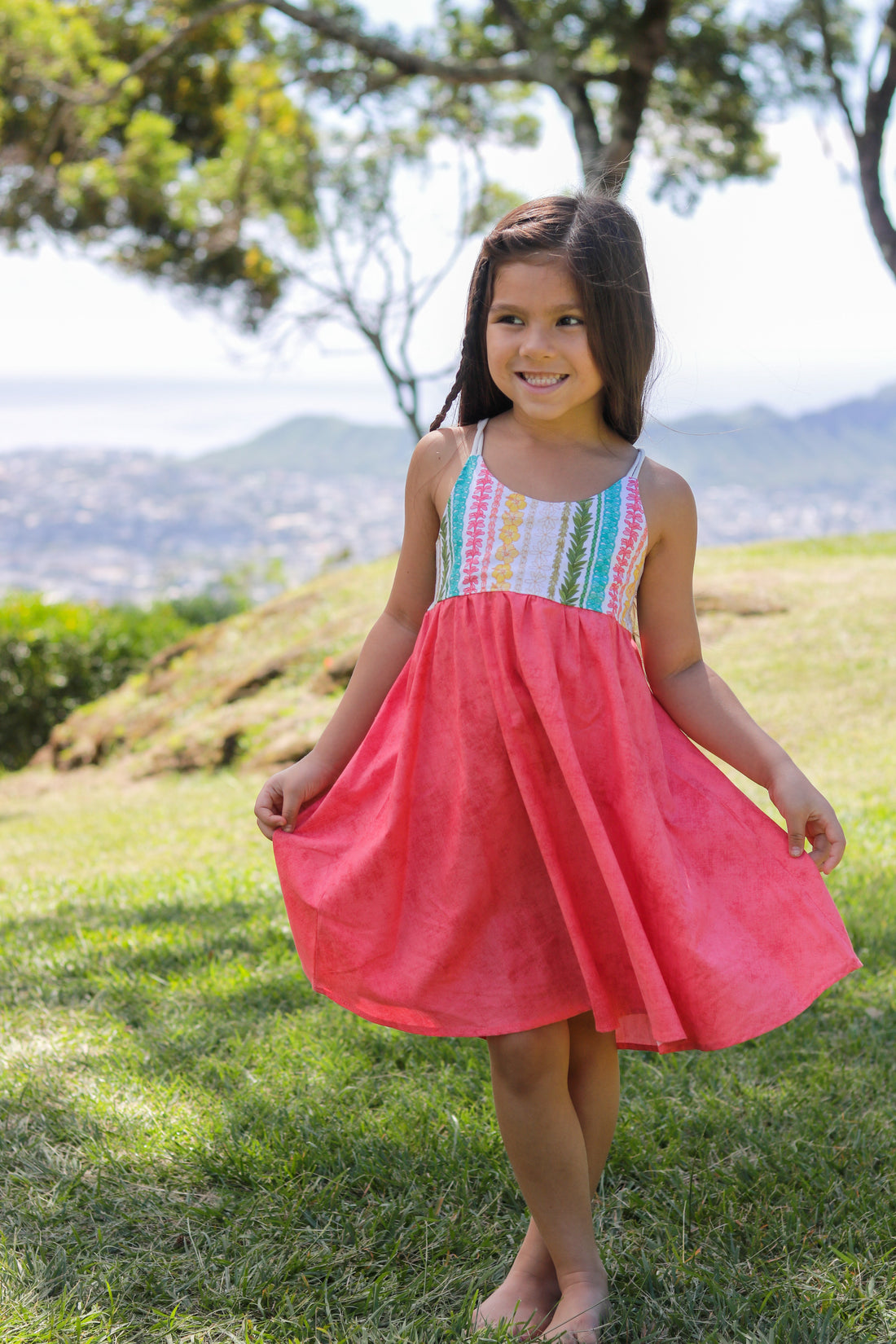 Handmade Girls Lei Print Twirl Dress – Rainbow Flower Design, 100% Cotton | Made in Maui, Hawaii
