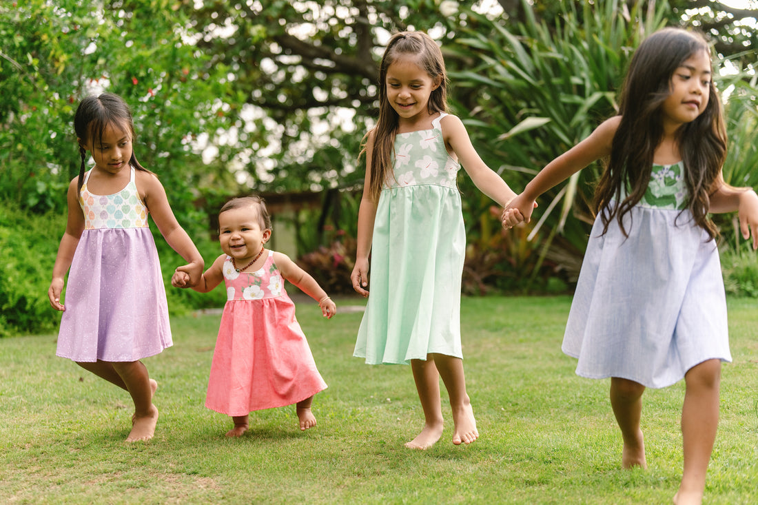 Handmade Hawaiian Girls Twirl Dress - Mint Hibiscus with Ric Rac Tie Straps