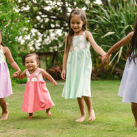 Handmade Hawaiian Girls Twirl Dress - Mint Hibiscus with Ric Rac Tie Straps