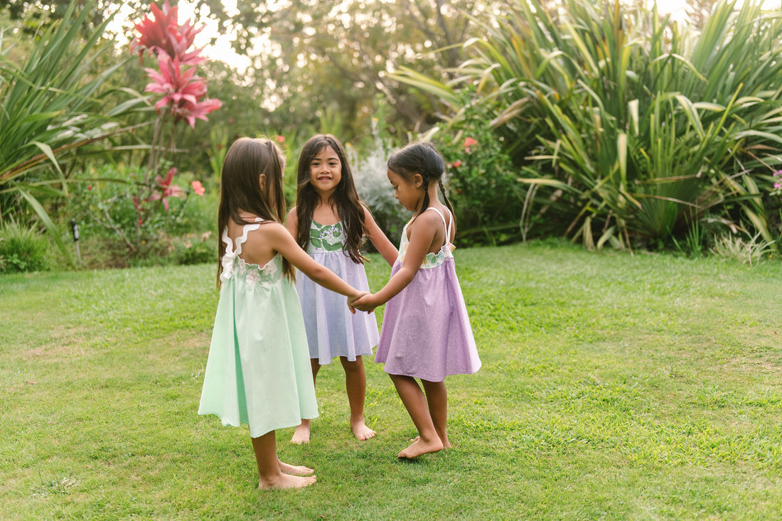 Handmade Hawaiian Girls Twirl Dress - Mint Hibiscus with Ric Rac Tie Straps