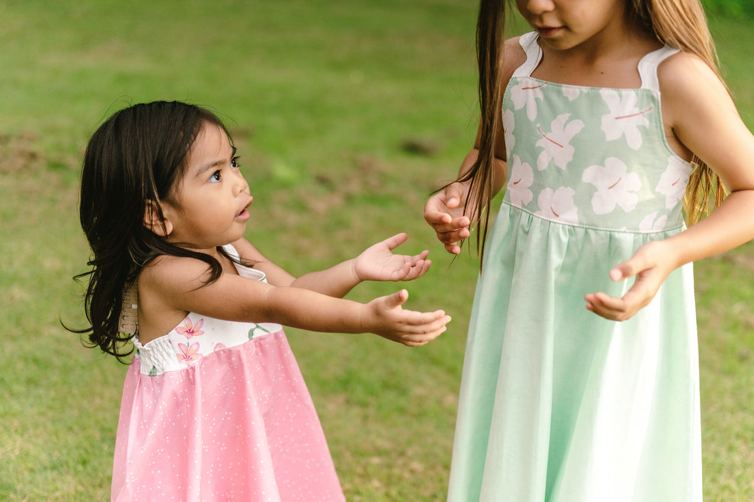 Handmade Hawaiian Girls Twirl Dress - Mint Hibiscus with Ric Rac Tie Straps