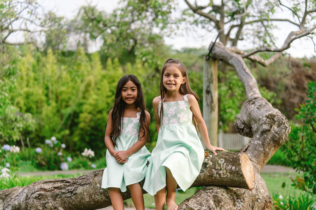 Handmade Hawaiian Girls Twirl Dress - Mint Hibiscus with Ric Rac Tie Straps
