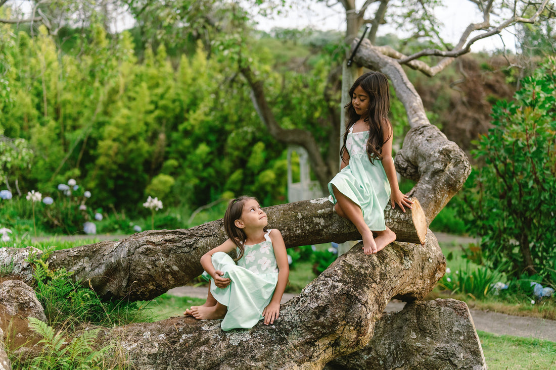 Handmade Hawaiian Girls Twirl Dress - Mint Hibiscus with Ric Rac Tie Straps