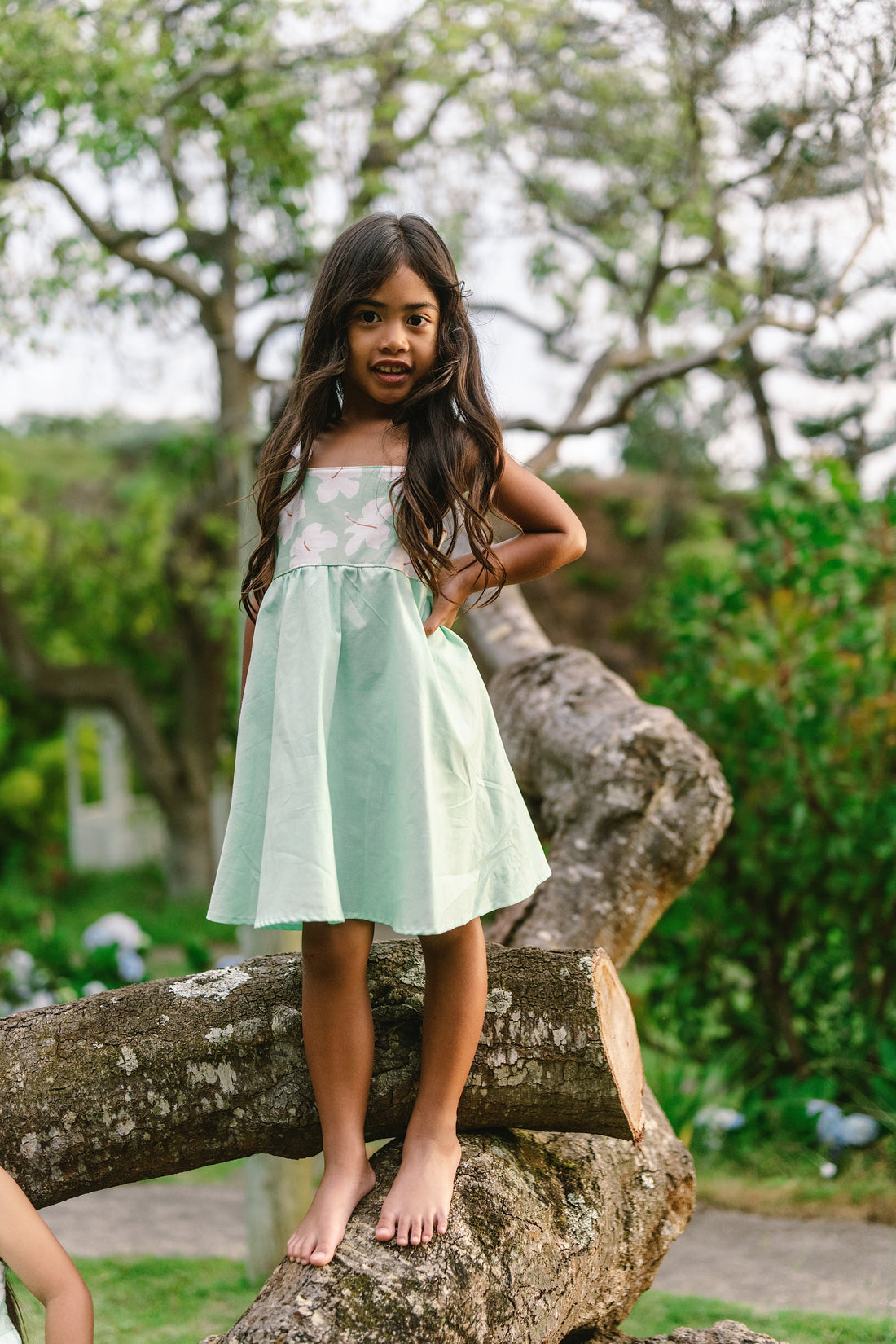 Handmade Hawaiian Girls Twirl Dress - Mint Hibiscus with Ric Rac Tie Straps