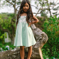 Handmade Hawaiian Girls Twirl Dress - Mint Hibiscus with Ric Rac Tie Straps