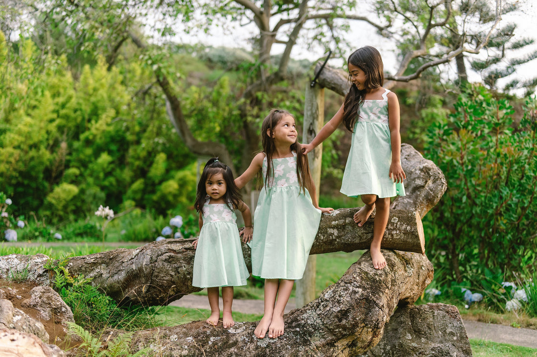 Handmade Hawaiian Girls Twirl Dress - Mint Hibiscus with Ric Rac Tie Straps