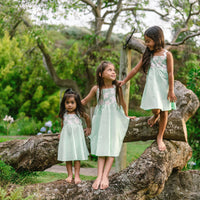 Handmade Hawaiian Girls Twirl Dress - Mint Hibiscus with Ric Rac Tie Straps