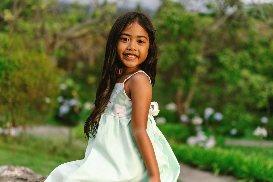 Handmade Hawaiian Girls Twirl Dress - Mint Hibiscus with Ric Rac Tie Straps
