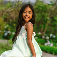 Handmade Hawaiian Girls Twirl Dress - Mint Hibiscus with Ric Rac Tie Straps