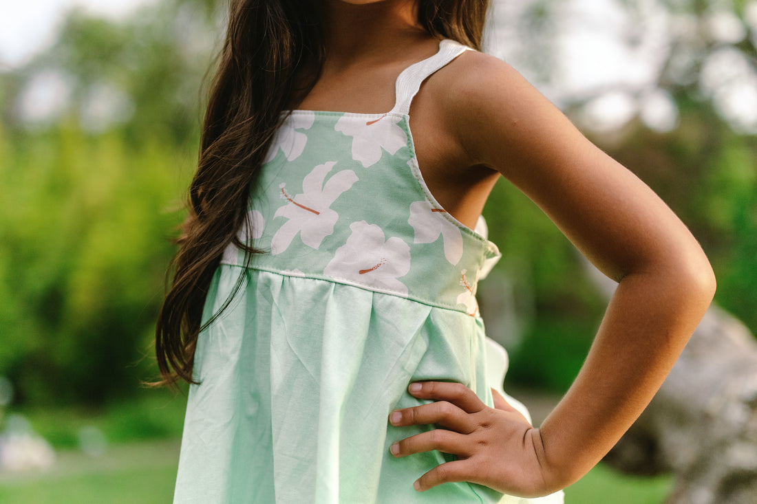 Handmade Hawaiian Girls Twirl Dress - Mint Hibiscus with Ric Rac Tie Straps