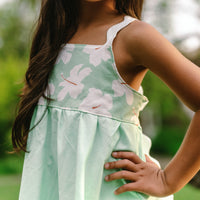 Handmade Hawaiian Girls Twirl Dress - Mint Hibiscus with Ric Rac Tie Straps