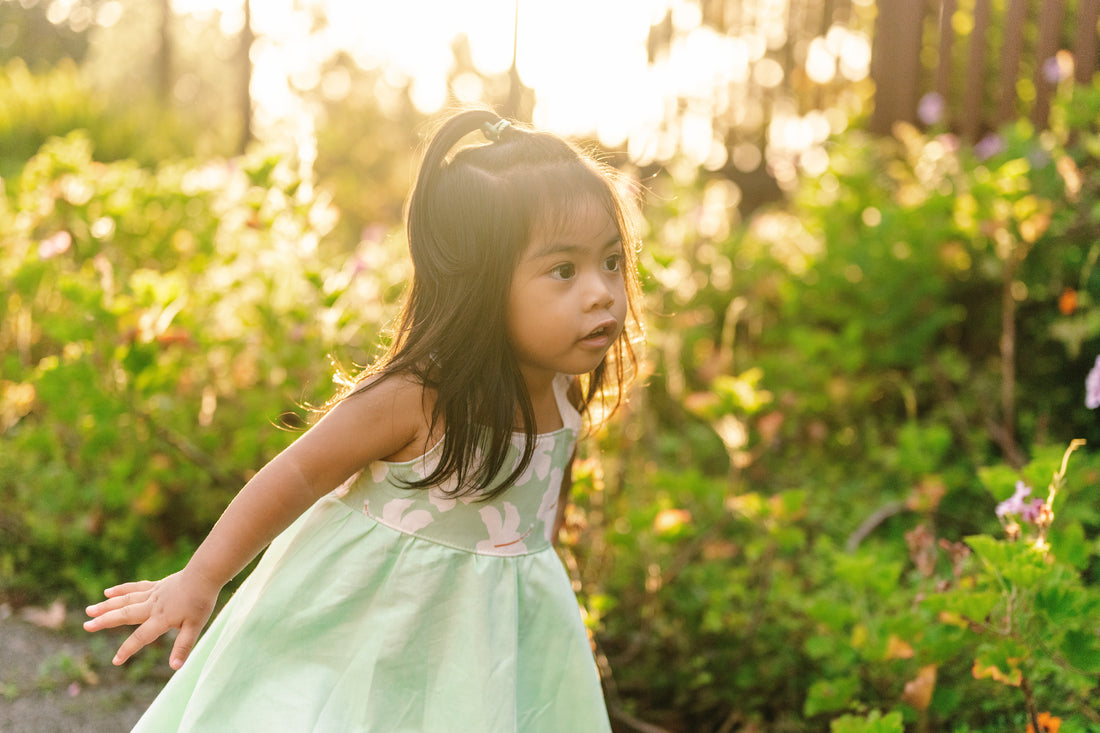 Handmade Hawaiian Girls Twirl Dress - Mint Hibiscus with Ric Rac Tie Straps