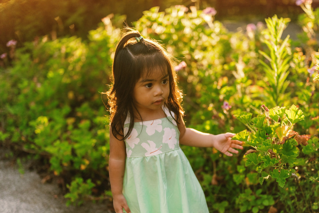 Handmade Hawaiian Girls Twirl Dress - Mint Hibiscus with Ric Rac Tie Straps