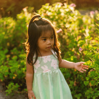 Handmade Hawaiian Girls Twirl Dress - Mint Hibiscus with Ric Rac Tie Straps