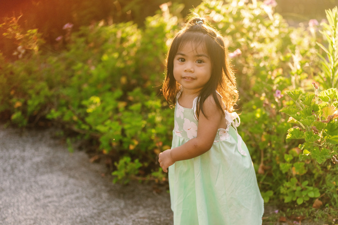Handmade Hawaiian Girls Twirl Dress - Mint Hibiscus with Ric Rac Tie Straps