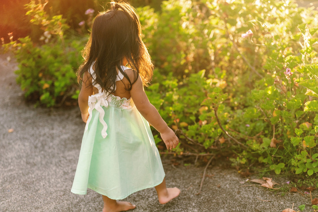 Handmade Hawaiian Girls Twirl Dress - Mint Hibiscus with Ric Rac Tie Straps