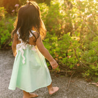 Handmade Hawaiian Girls Twirl Dress - Mint Hibiscus with Ric Rac Tie Straps