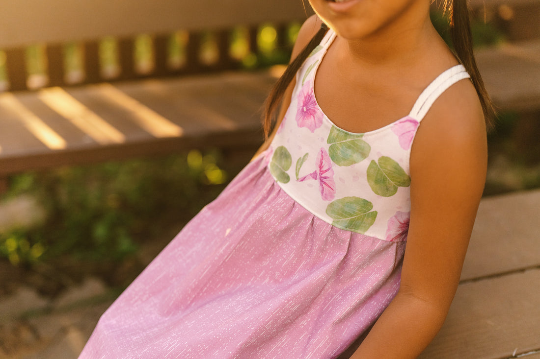 Handmade Hawaiian Girls Twirl Dress – Pohuehue Flower Cotton Dress