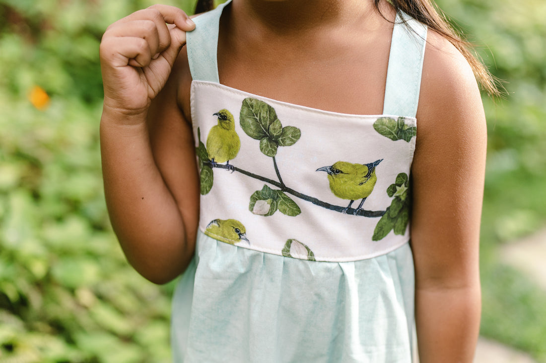 Girls Twirl Dress - ʻAmakihi Bird Dress - Handmade Hawaiian Cotton Dress - Toddler & Baby Girls Dress