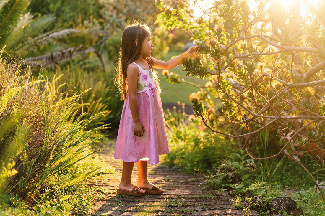 Handmade Hawaiian Girls Twirl Dress – Pohuehue Flower Cotton Dress