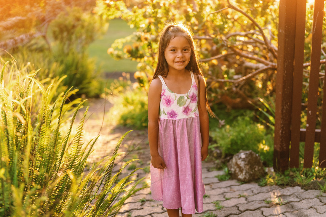 Handmade Hawaiian Girls Twirl Dress – Pohuehue Flower Cotton Dress