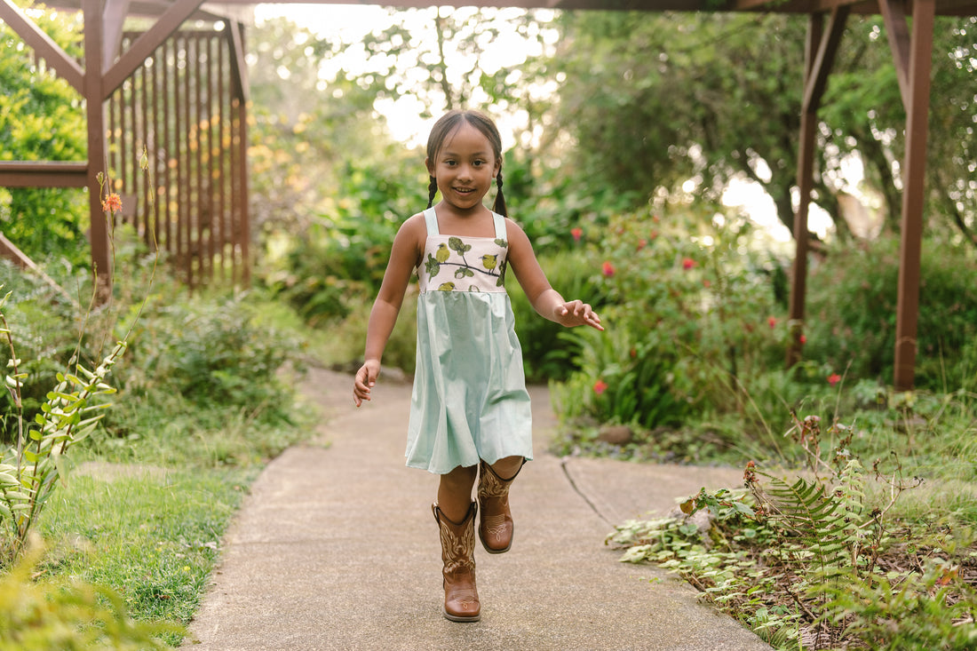 Girls Twirl Dress - ʻAmakihi Bird Dress - Handmade Hawaiian Cotton Dress - Toddler & Baby Girls Dress