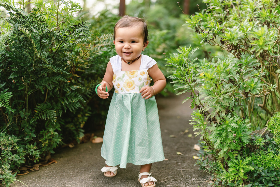 Girls Dress - 'Ilima Flower Print with Twirly Skirt and Lace -  Hawaii Floral Toddler Dress - Baby Girl Dress - Handmade in Maui, Hawaii USA