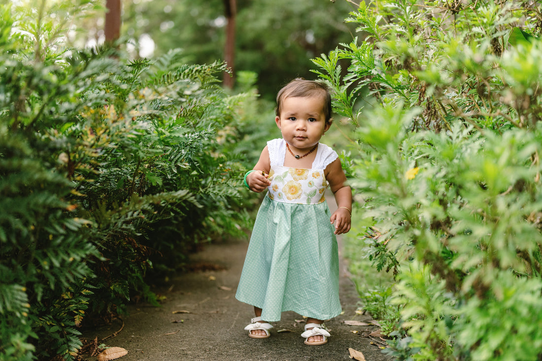 Girls Dress - 'Ilima Flower Print with Twirly Skirt and Lace -  Hawaii Floral Toddler Dress - Baby Girl Dress - Handmade in Maui, Hawaii USA