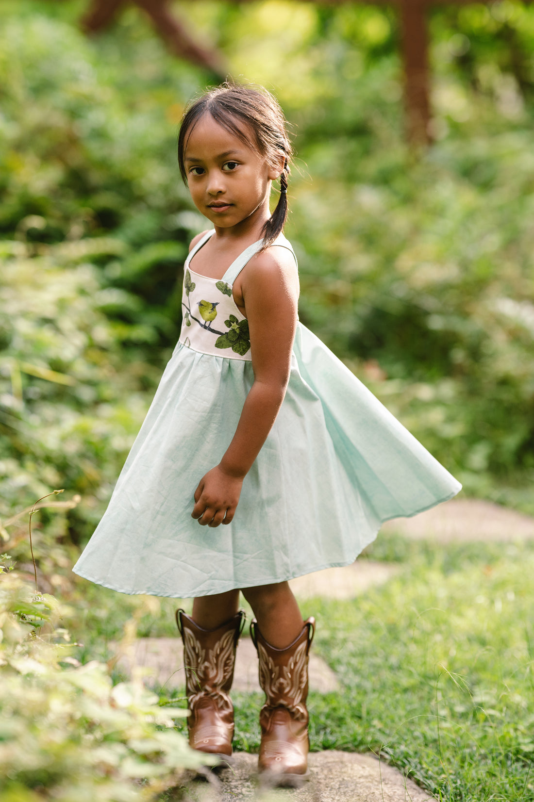 Girls Twirl Dress - ʻAmakihi Bird Dress - Handmade Hawaiian Cotton Dress - Toddler & Baby Girls Dress