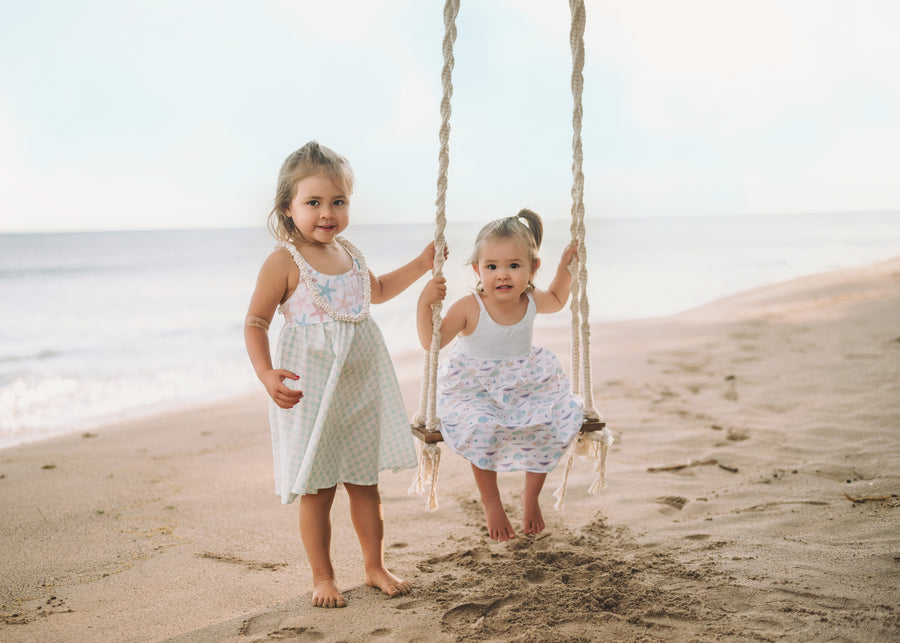 Girls Dress -  Starfish and Checkered Print  - Baby, Toddler or Kid's Dress  - Handmade in Maui, Hawaii USA