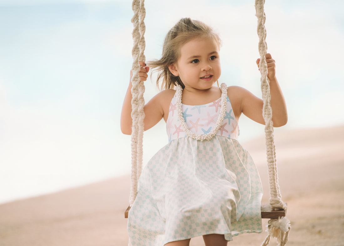 Girls Dress -  Starfish and Checkered Print  - Baby, Toddler or Kid's Dress  - Handmade in Maui, Hawaii USA