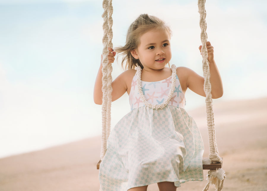 Girls Dress -  Starfish and Checkered Print  - Baby, Toddler or Kid's Dress  - Handmade in Maui, Hawaii USA