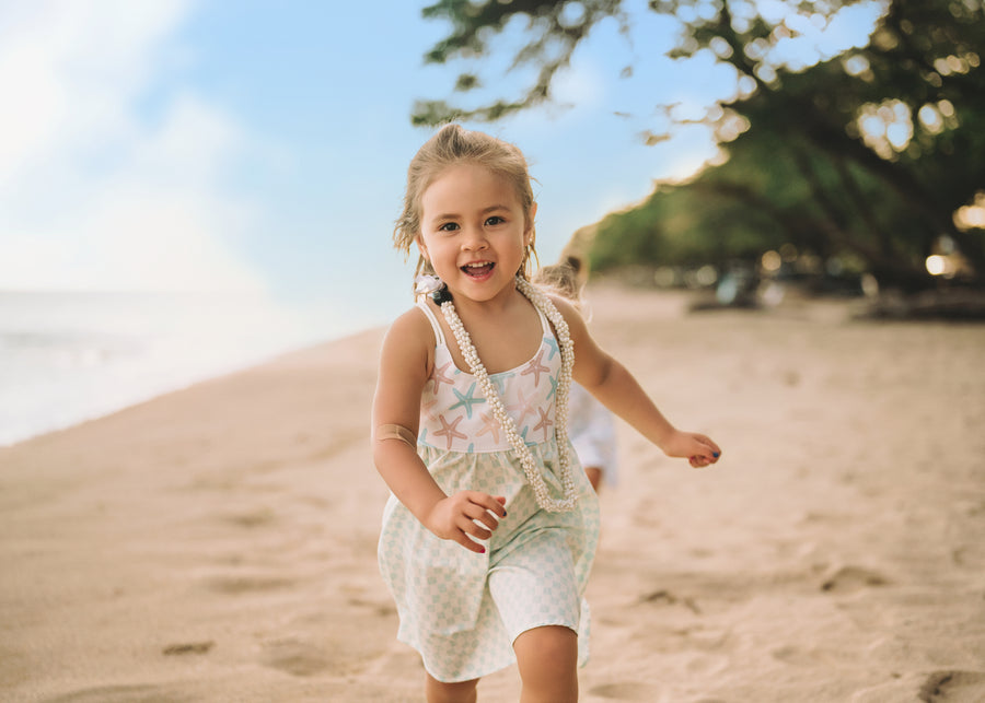 Girls Dress -  Starfish and Checkered Print  - Baby, Toddler or Kid's Dress  - Handmade in Maui, Hawaii USA