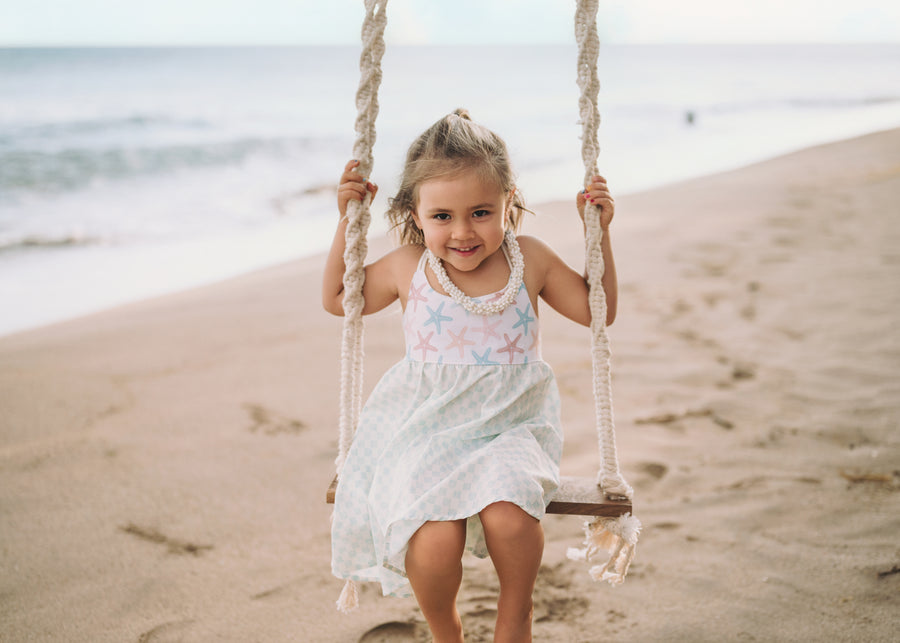 Girls Dress -  Starfish and Checkered Print  - Baby, Toddler or Kid's Dress  - Handmade in Maui, Hawaii USA