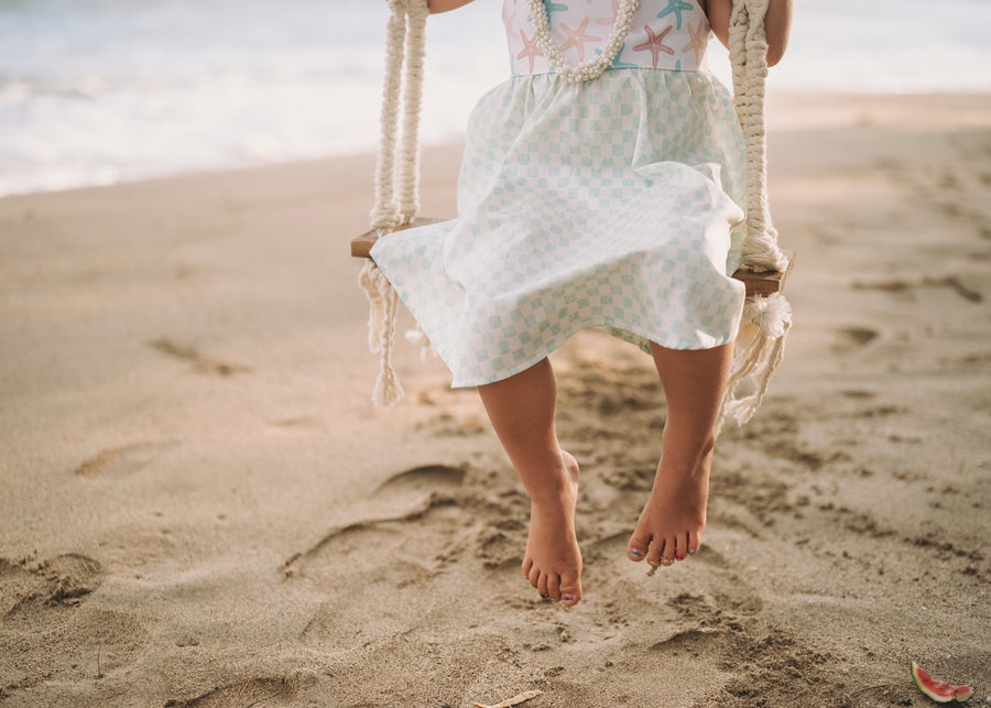 Girls Dress -  Starfish and Checkered Print  - Baby, Toddler or Kid's Dress  - Handmade in Maui, Hawaii USA