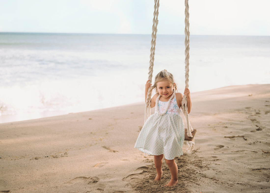 Girls Dress -  Starfish and Checkered Print  - Baby, Toddler or Kid's Dress  - Handmade in Maui, Hawaii USA