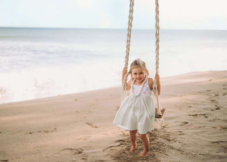 Girls Dress -  Starfish and Checkered Print  - Baby, Toddler or Kid's Dress  - Handmade in Maui, Hawaii USA