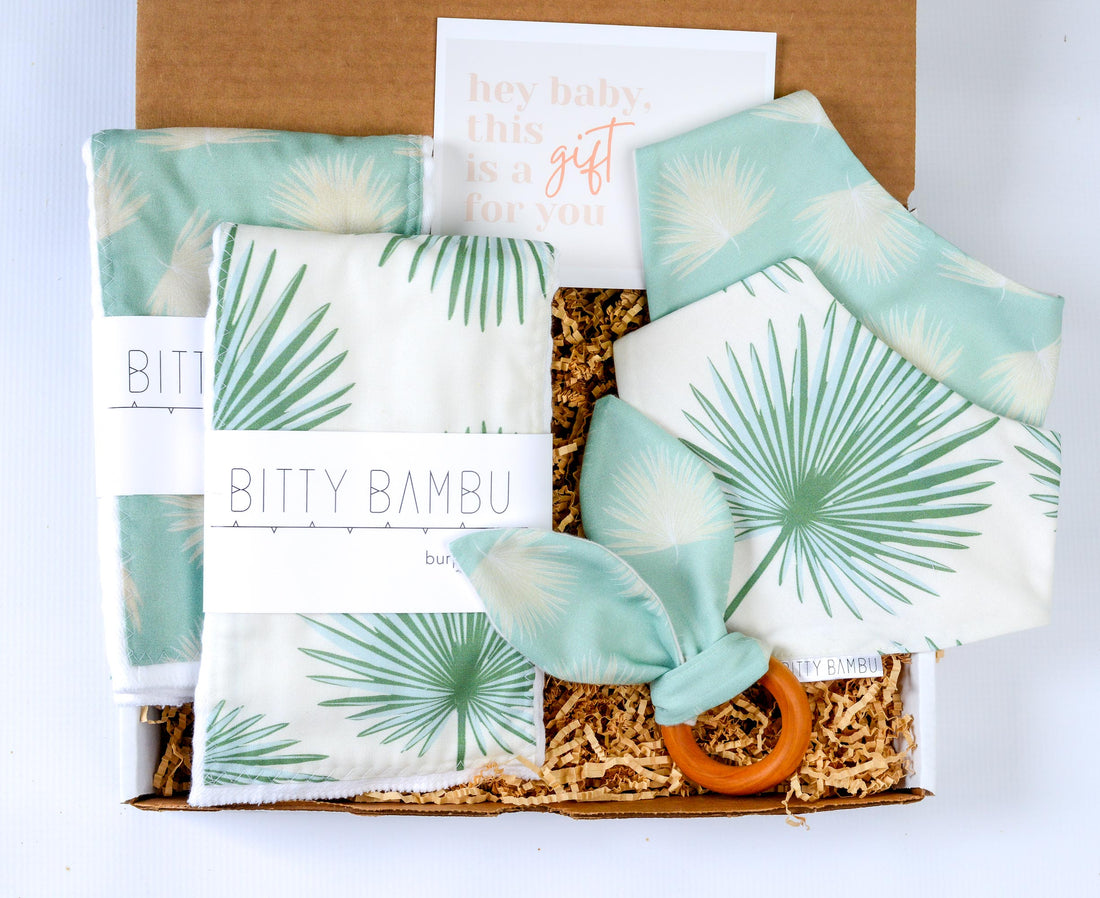 FanPalm Tropical Baby Gift Set | Hawaiian Baby Shower Gift | Burp Cloths, Bib & Teether | Handmade in Maui