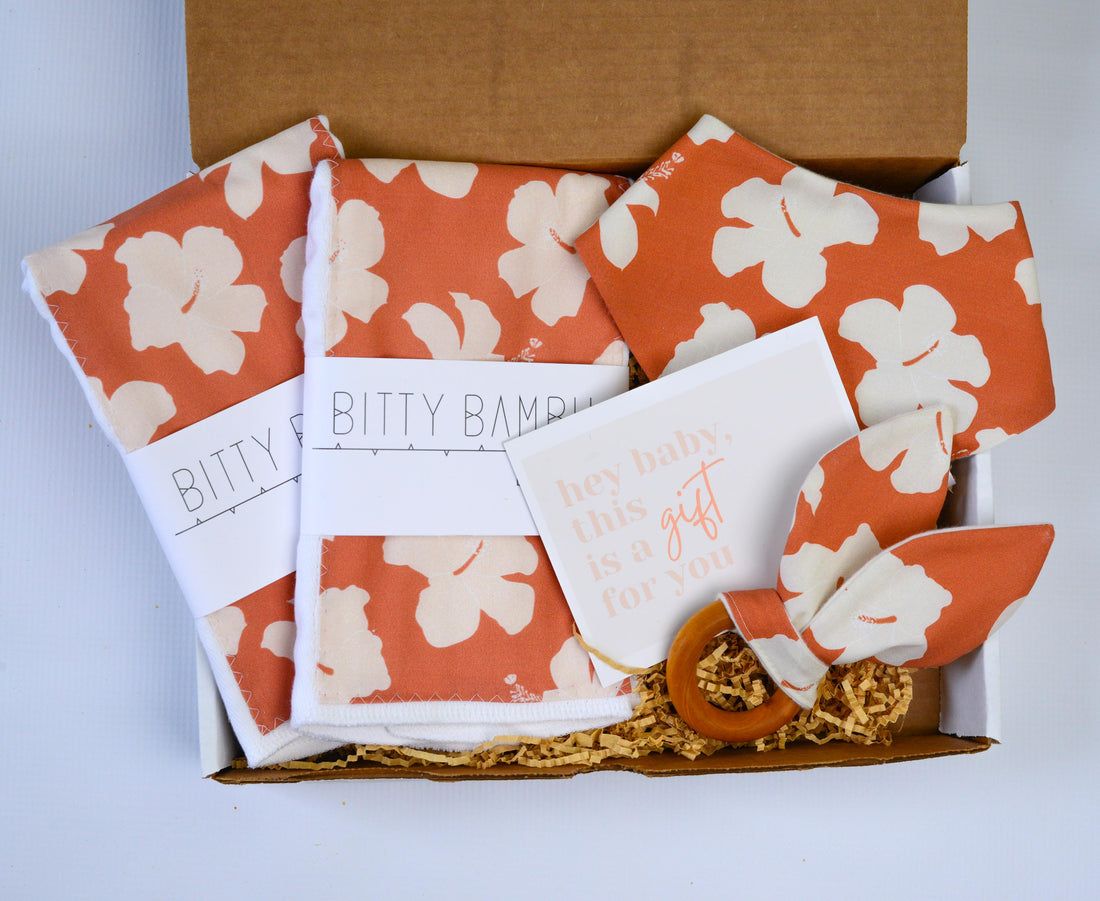 Hibiscus Baby Gift Set | Hawaiian Baby Shower Gift | Burp Cloths, Bib & Teether | Handmade in Maui