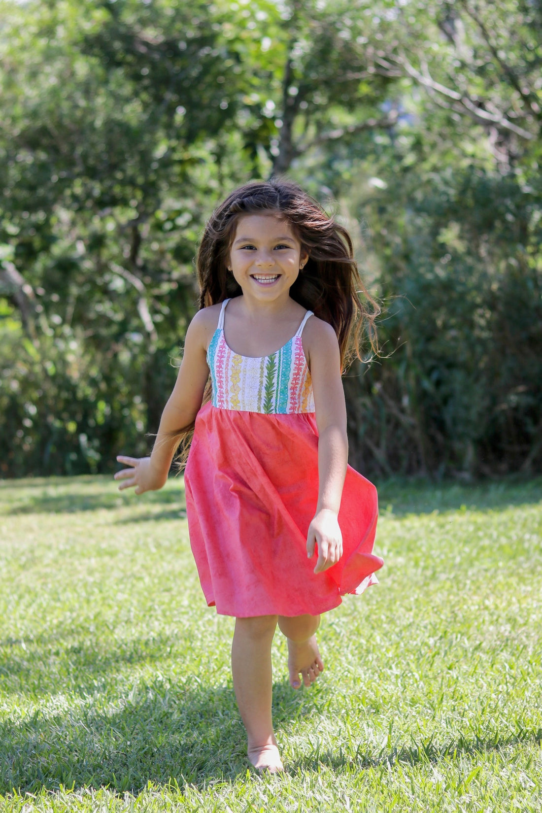 Handmade Girls' Lei Twirl Dress | Rainbow Lei Print 100% Cotton | Shirred Back | Made in Maui, Hawaii